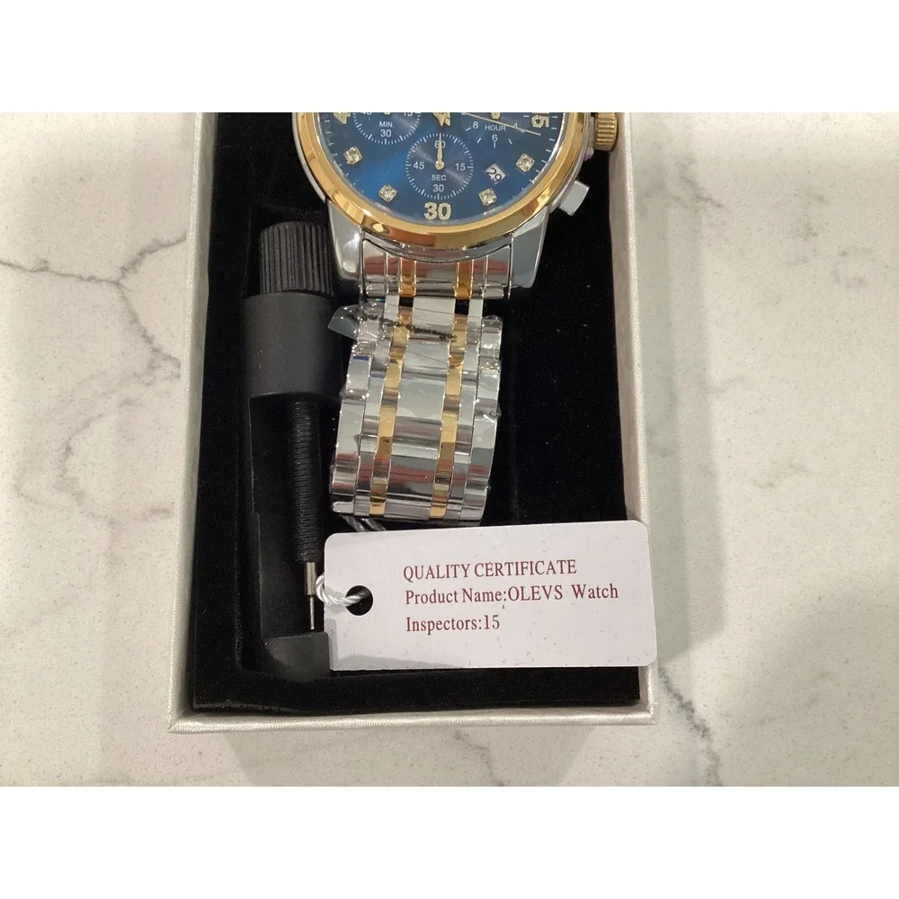 OLEVS Mens Chronograph Watch Blue Dial Two Tone Stainless Steel‎ Moon Phase New